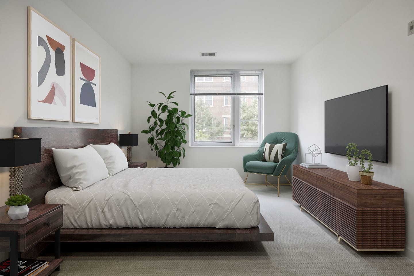 Bedroom with large bed, dresser, television and ample light